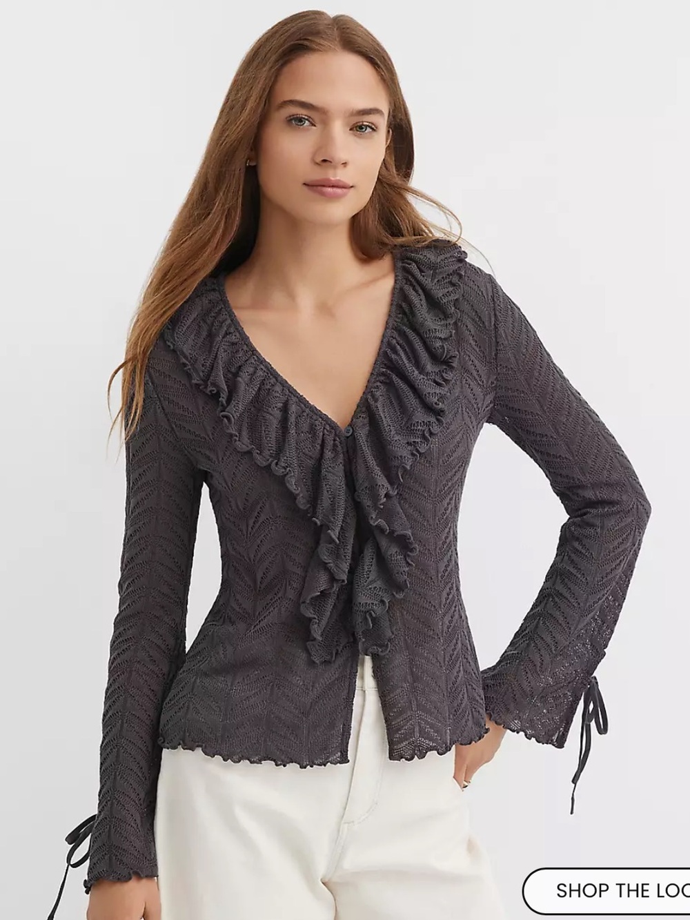LOFT Charcoal Ruffled V-Neck Knit Top